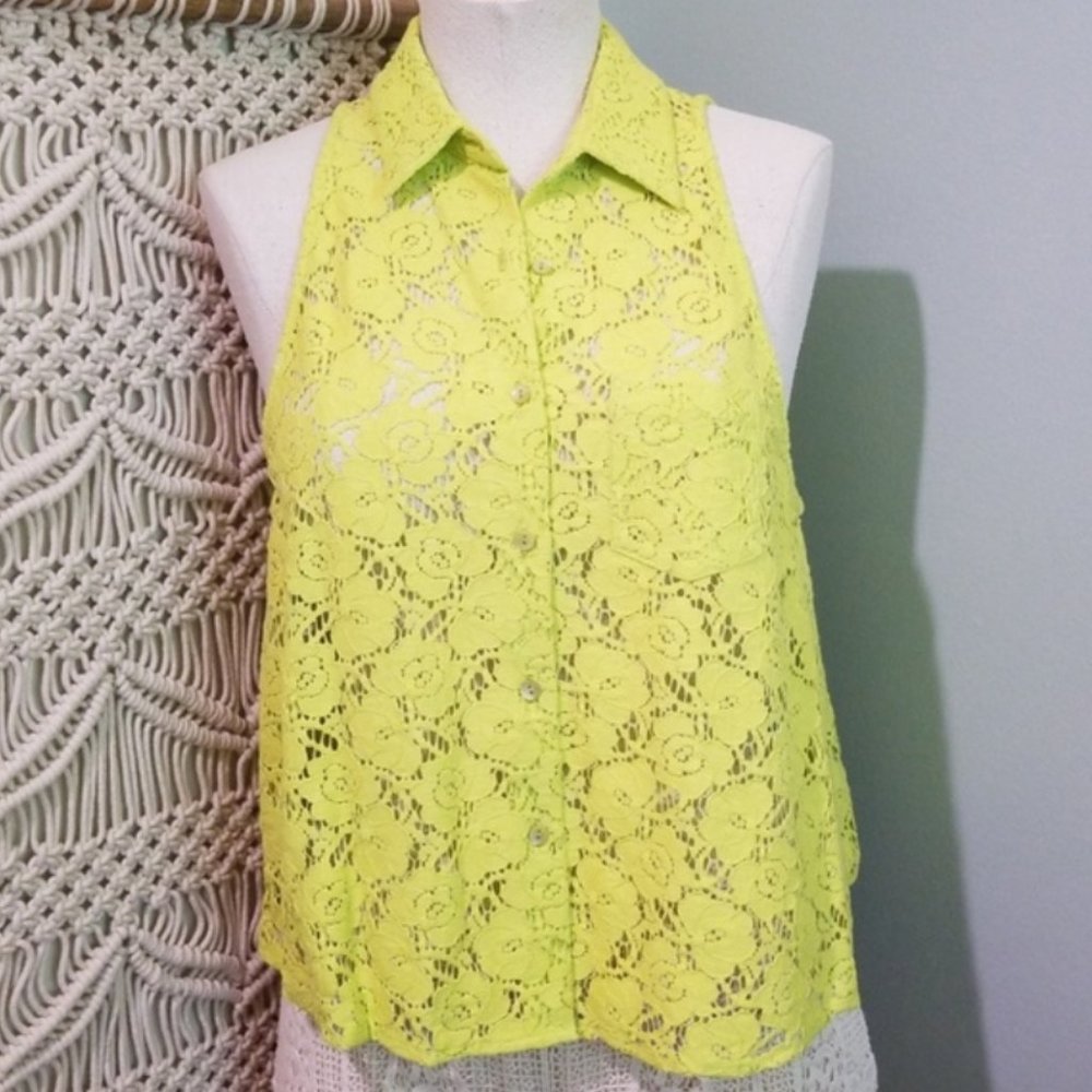 Equipment Neon Green Floral Lace Sleeveless Blouse XS